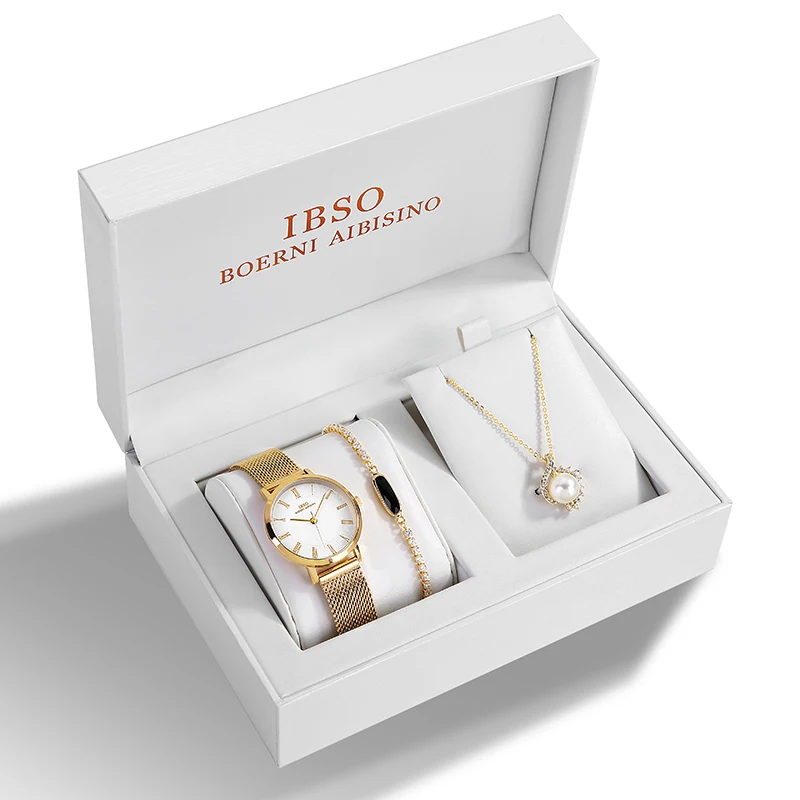 IBSO 2024 Luxury Quartz Watch Set for Women Gold Plated round Case Custom Logo buckle Clasp Natural Pearl New Business Style