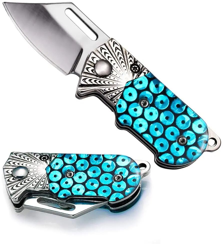  Folding Knife Small Pocket camping knife with Chrome and Blue Acrylic Handle for Camping Hunting