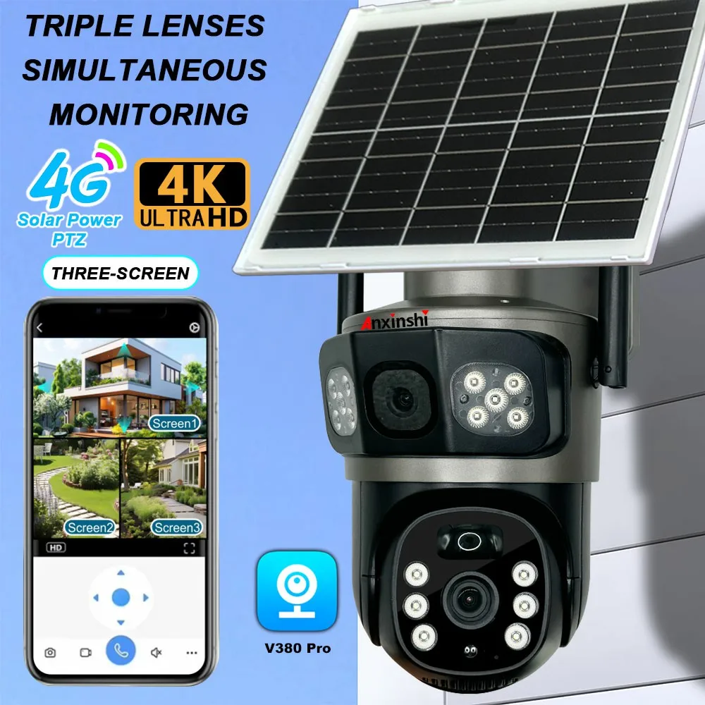 Anxinshi бренд V380 Pro HD 4K DuaLens трехэкранный двусторонний голосовой домофон PIR обнаружения движения 4G Солнечная камера безопасности