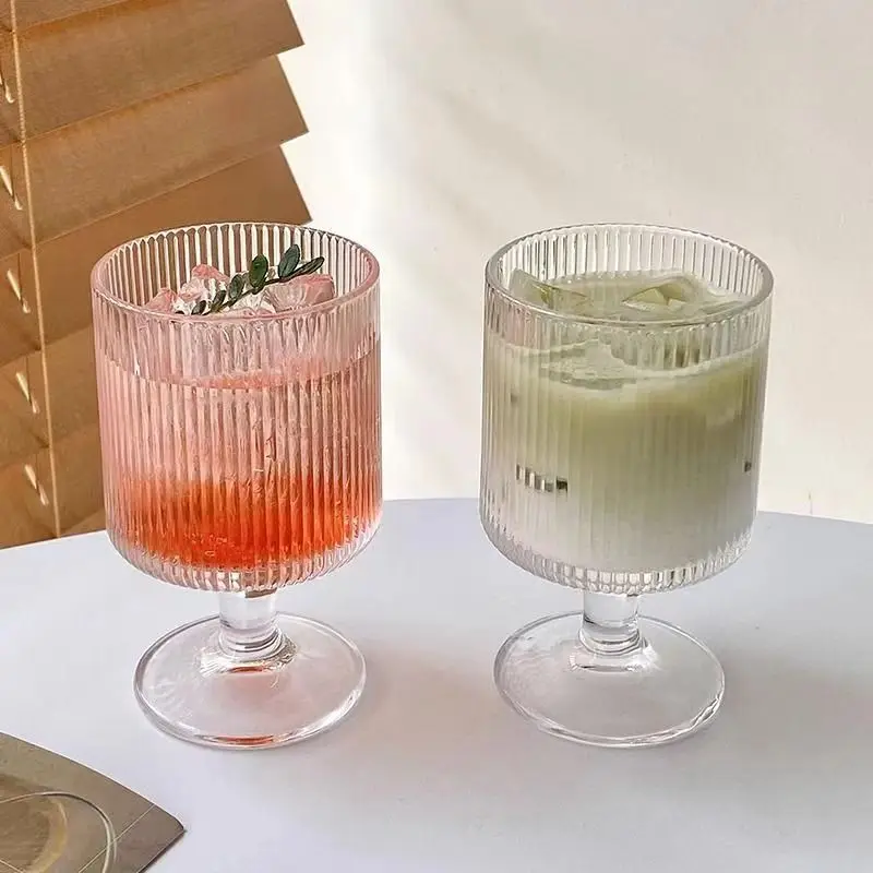 Wholesale Embossed 8.5oz Goblet Vintage Glass Goblet Drinking Cup Tumbler Glasses with Vertical Stripes Ribbed Wine Cup