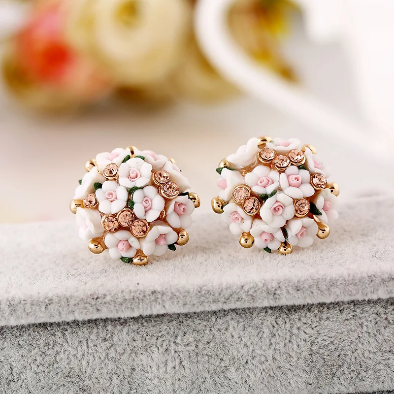 Gold Engagement Female Lady Flower Jewelry Bouquet Crystal Clay Rose  Flower Stud Earrings For Women Wedding