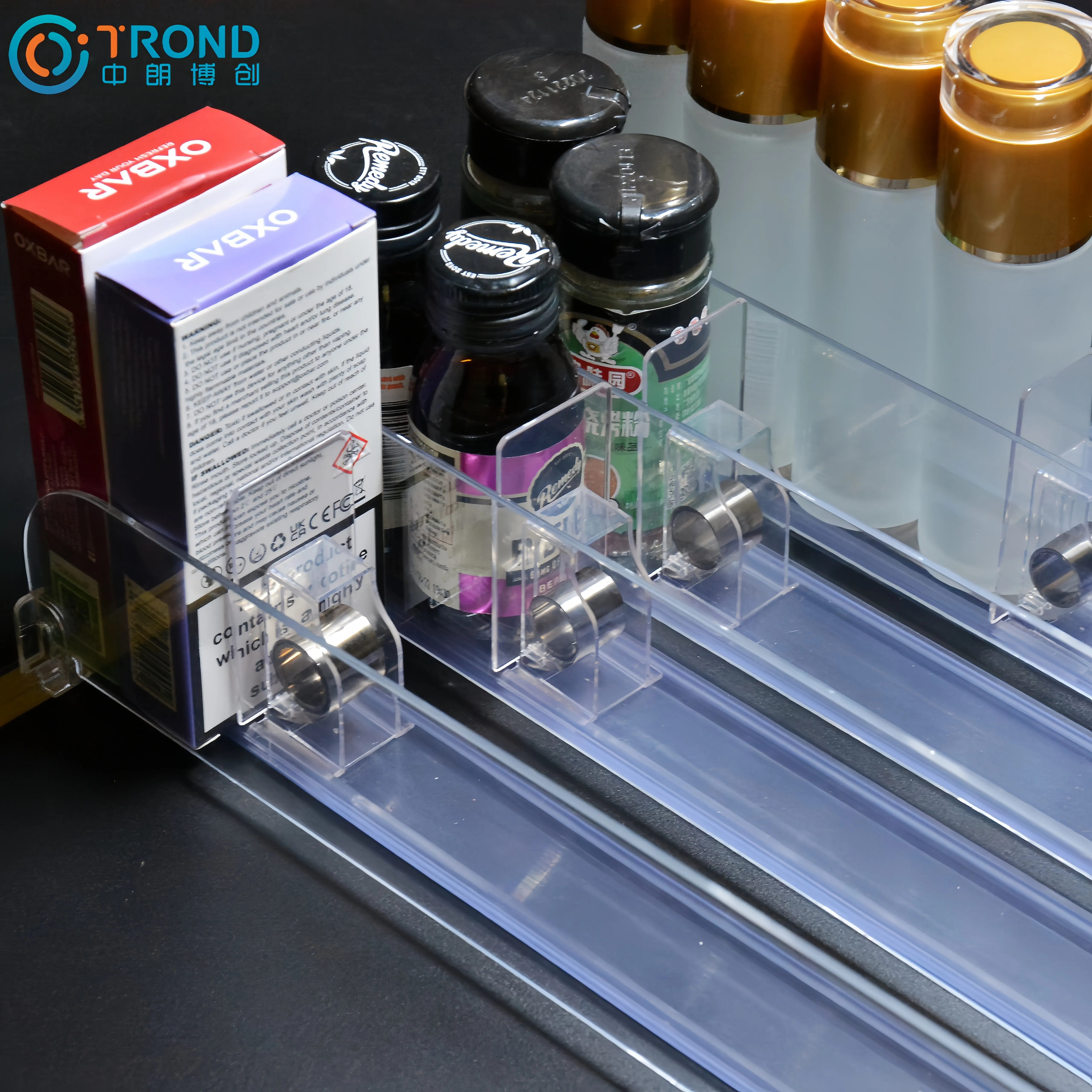 bottle shelf roller pusher storage retail display shelf pushers and dividers supermarket lipstick nail oil shelf pusher system