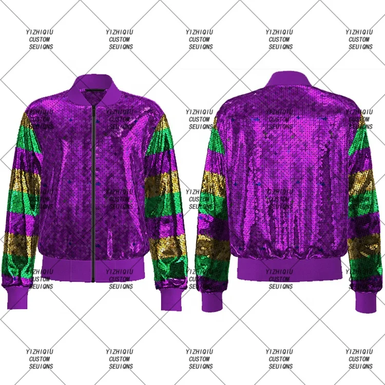 2023 Ladies Green&purple &gold Outfit New Orleans Zipper Coat Women Mardi Gras Reversible Sequin Jacket