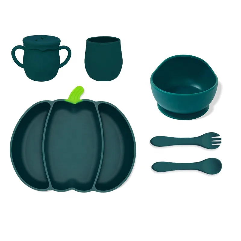BPA free kids baby complementary food eating training silicone tableware food grade partition suction bowl Pumpkin plate