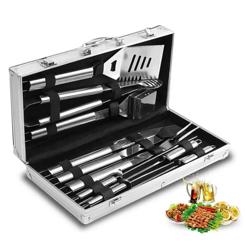 12 Pcs Grill Accessories Fork Spatula Tong Brush Skewer Barbecue Tool Set Bbq Grill Tool Set With Alum Case