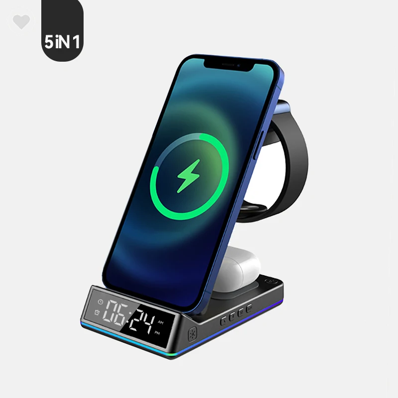 Mobile Phones Holder 2021 Wholesale Wireless Charger 5 in 1 Qi Stand 10W Fast Wireless Charging Adapter for iphone 12 Charger