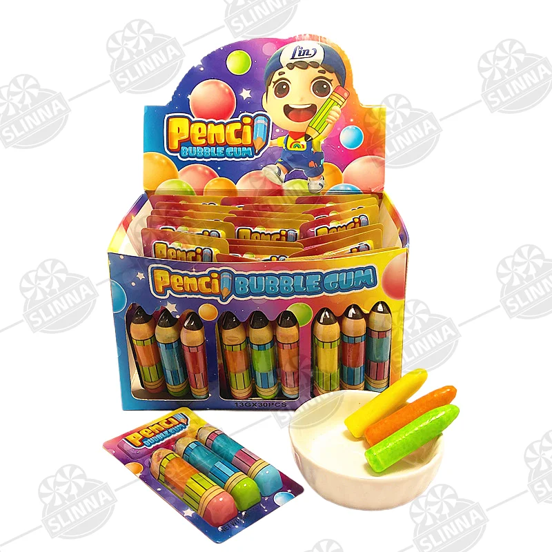 Hot Sell Fun Pencil Shape Bubble Gum Candy Fruit Flavor Chewing Gum for Kids Sugar Box Packaging Sweet Fruity Flavor New Candy