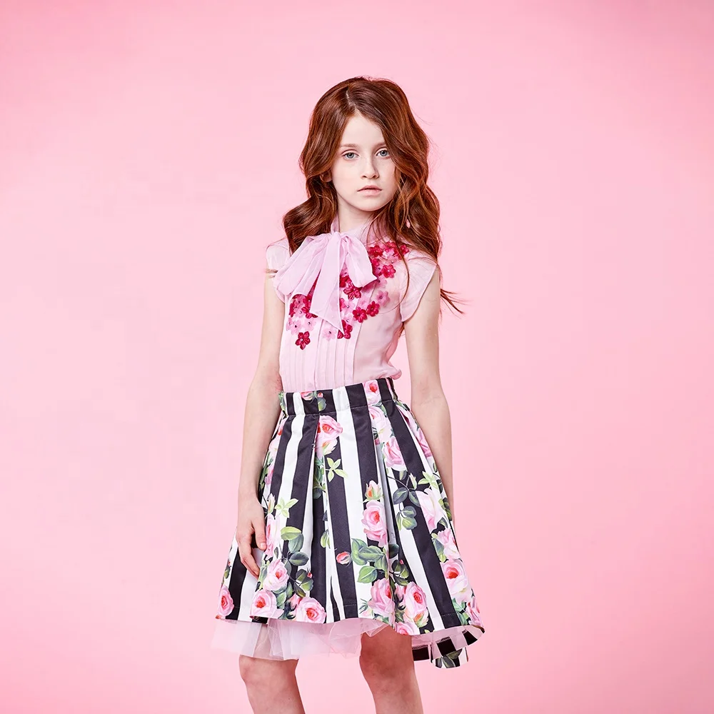 Stilnyashka 1425-72 Wholesale Rose Print Black girls skirts,White Stripes kids clothing wholesale,Mini Sexy skirts for girls