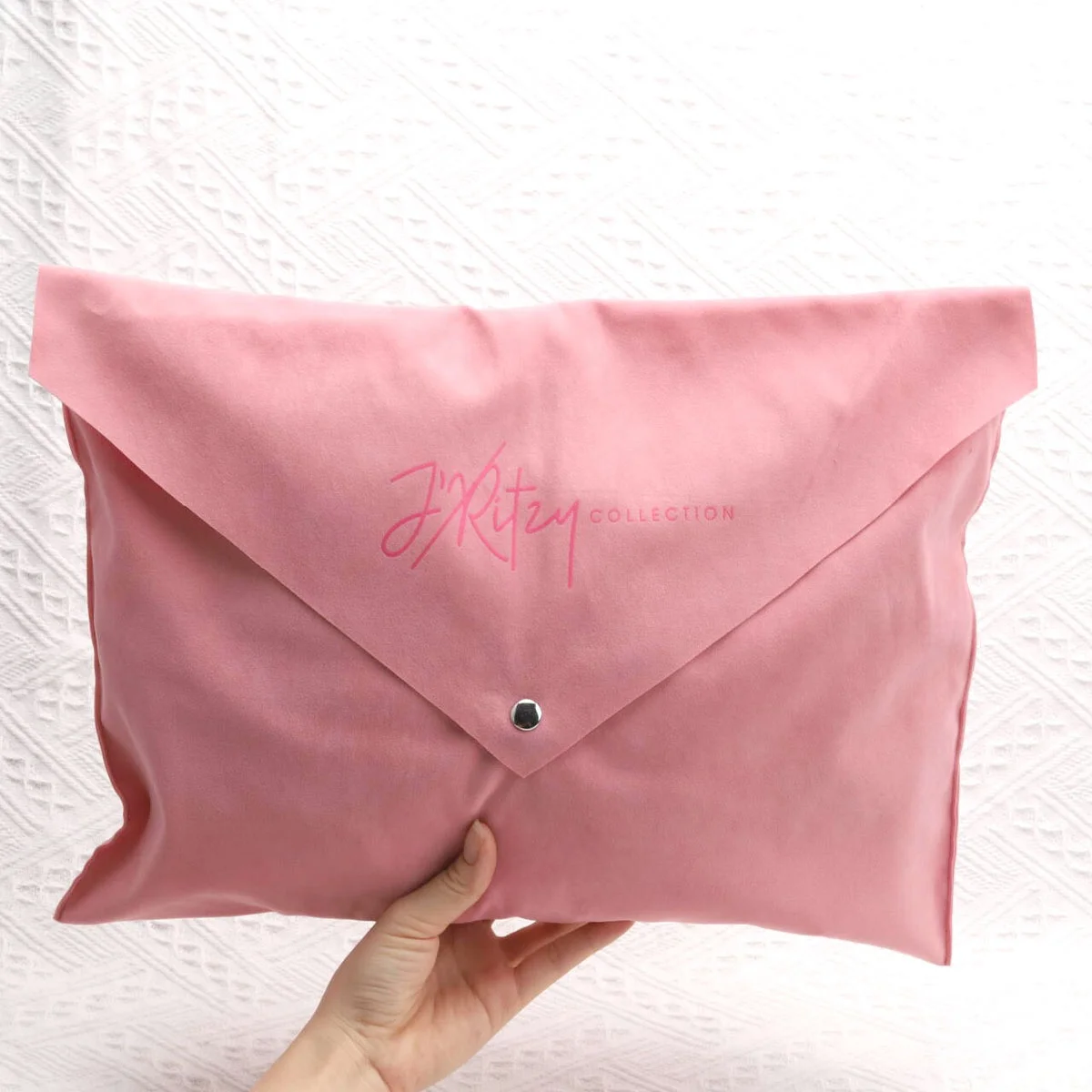 High End Large Pink Velvet Flap Clothes Pillow Packing Envelope Bag With Button Custom Logo Printed Faux Suede Gift Dust Pouch