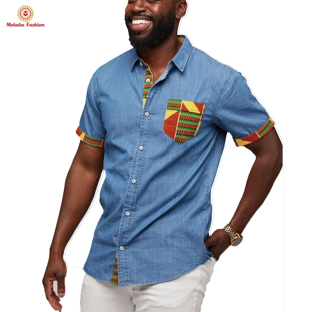 
Fashion Blue Color Curve Hem Basic African Pattern Printed Custom Logo Men T-shirts 