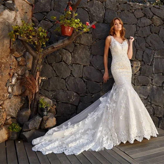 Mermaid Wedding Dress With Deep V-neck Low Back Bridal Gown Lace Fitted Wedding Dress Sexy Backless Fish Tail Wedding Dress