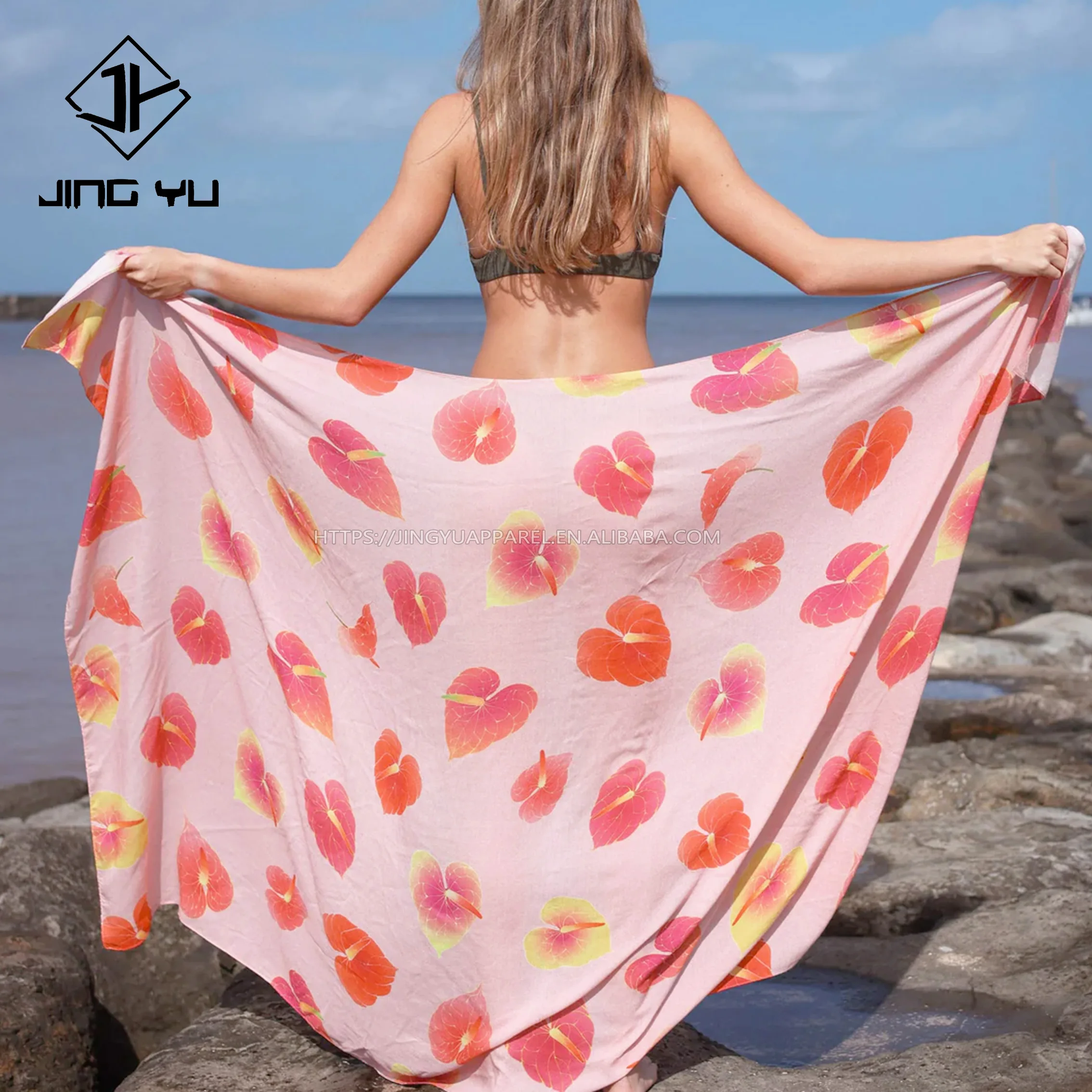 Jingyu factory custom high quality mature beach pareo  bali sarong pareo cover up custom hawaiian beach rayon pareo