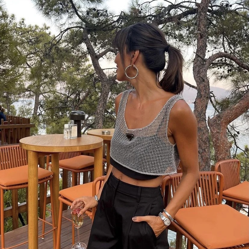 Shiny Women Sexy Vest Shining Diamond Hallowed Out Crop Tops for Ladies Girls Summer Shirts Hot Short Beach Party Tops