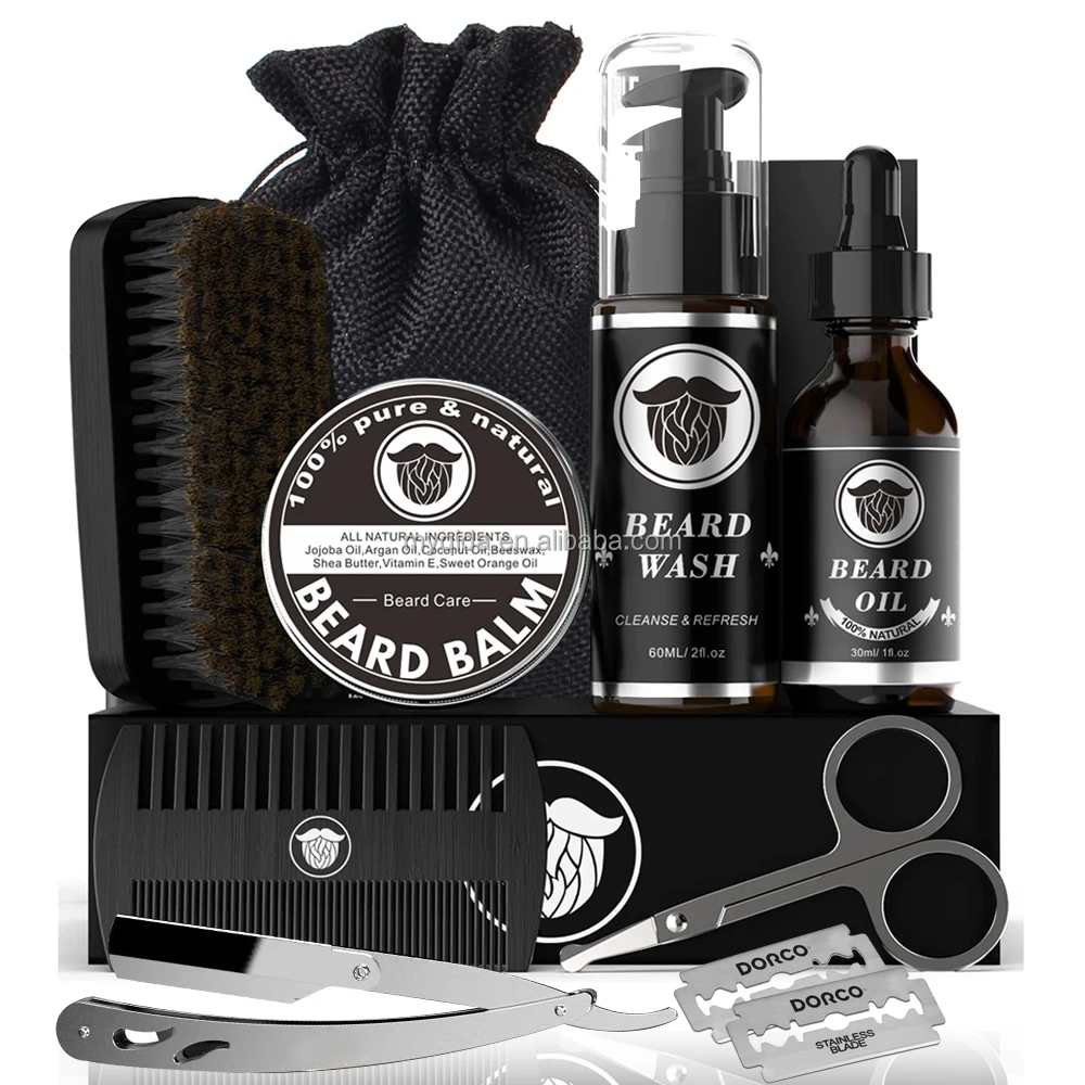 Halloween Black Beard Grooming Shaving Kit Holiday Black Mustache Brush Wood Comb Small Scissors Customized Private Logo OEM/ODM