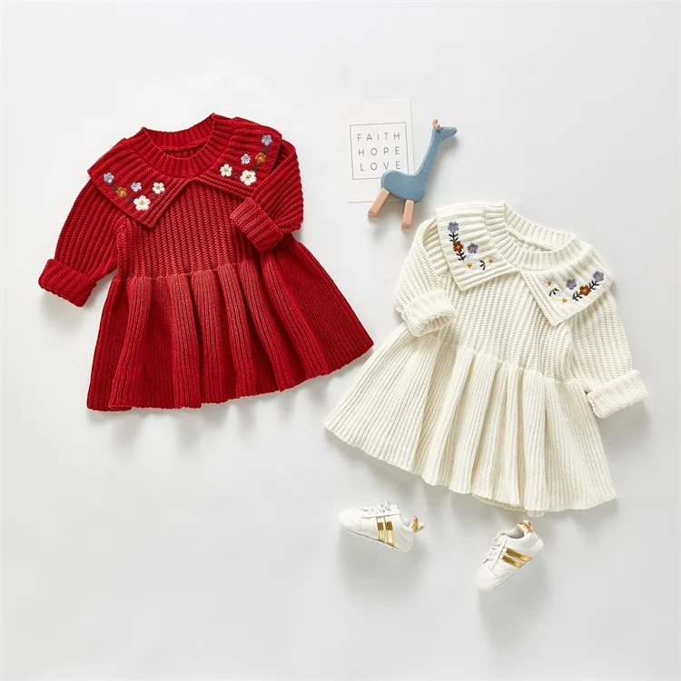 Wholesale Girl 100% Cotton Knitted Long Sleeve Baby Girl Dress Beautiful Solid Color Embroidery Flower Princess Dress OEM ODM