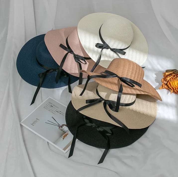 Wide Brim Wholesale Custom Summer Beach Sun Floppy Bow-Knot Straw Hat For Women