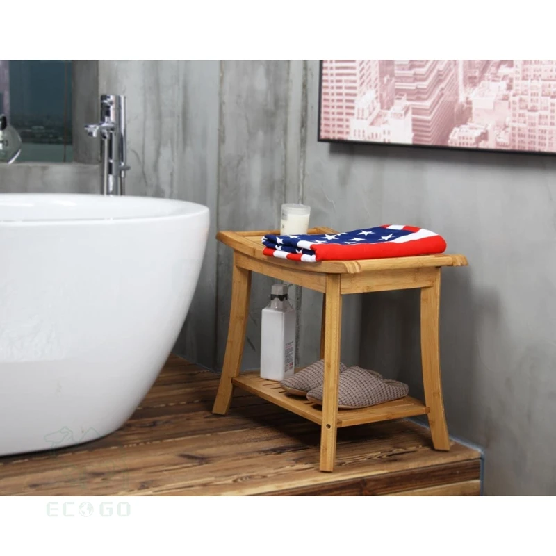 Bamboo shower stool shower bench spa seat with 2-tier storage racks shelf for bedroom