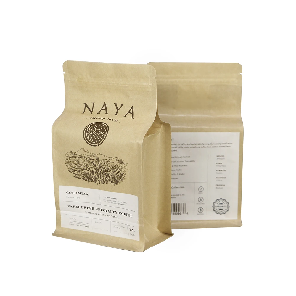 Custom printed wholesale biodegradable flat bottom ziplock  kraft paper coffee tea packaging bags with degassing air vent valve