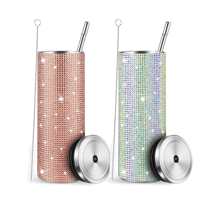 20oz Bling Tumbler Wholesale Bulk Luxury Diamond Stainless Steel Vacuum Insulated Rhinestone Skinny Tumbler Cup With Straw