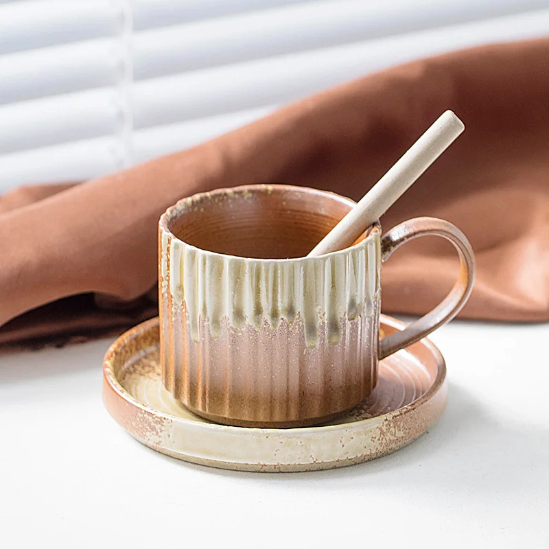 250ML Light Luxury Style Striped Coffee Mug Cup And Saucer Retro Stoneware Japanese Flowing Glaze Afternoon Tea Cup with Saucer