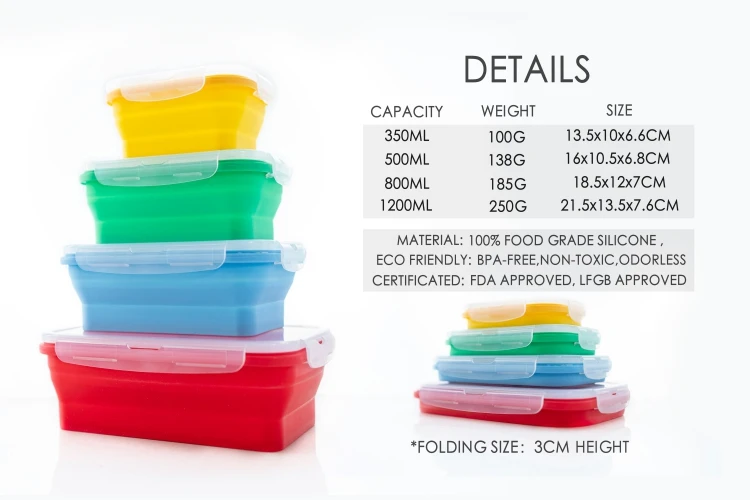 Hot selling wholesale 500ml 800ml 1200ml collapsible silicone lunch box logo silicone container