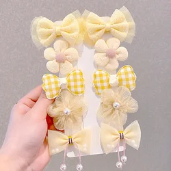 Sweet Lace Flowers Hair Pin Candy Color One Word Clip Kids Princess Girls Flower Pearl Double Bow Hair Pin Set
