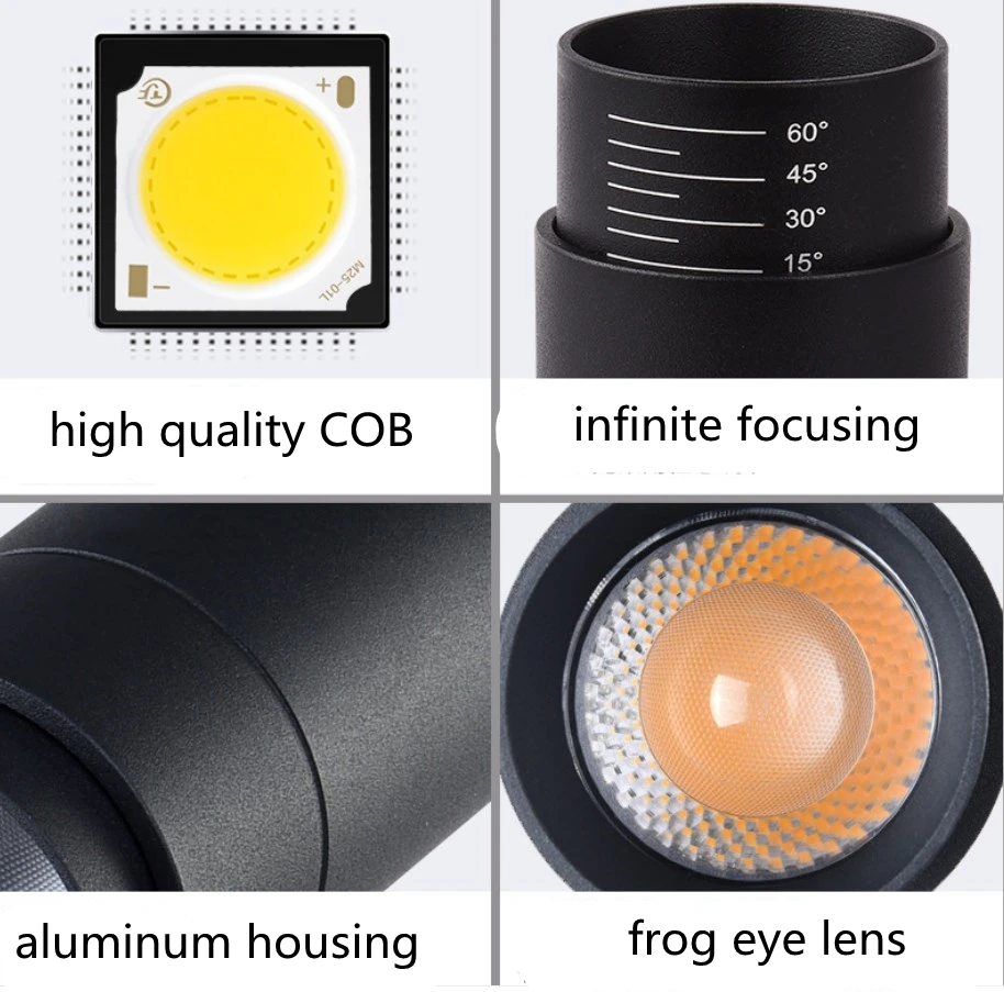 Focus lamp 10w 20w 30w 10-60 degree zoomable adjustable COB led track spot light