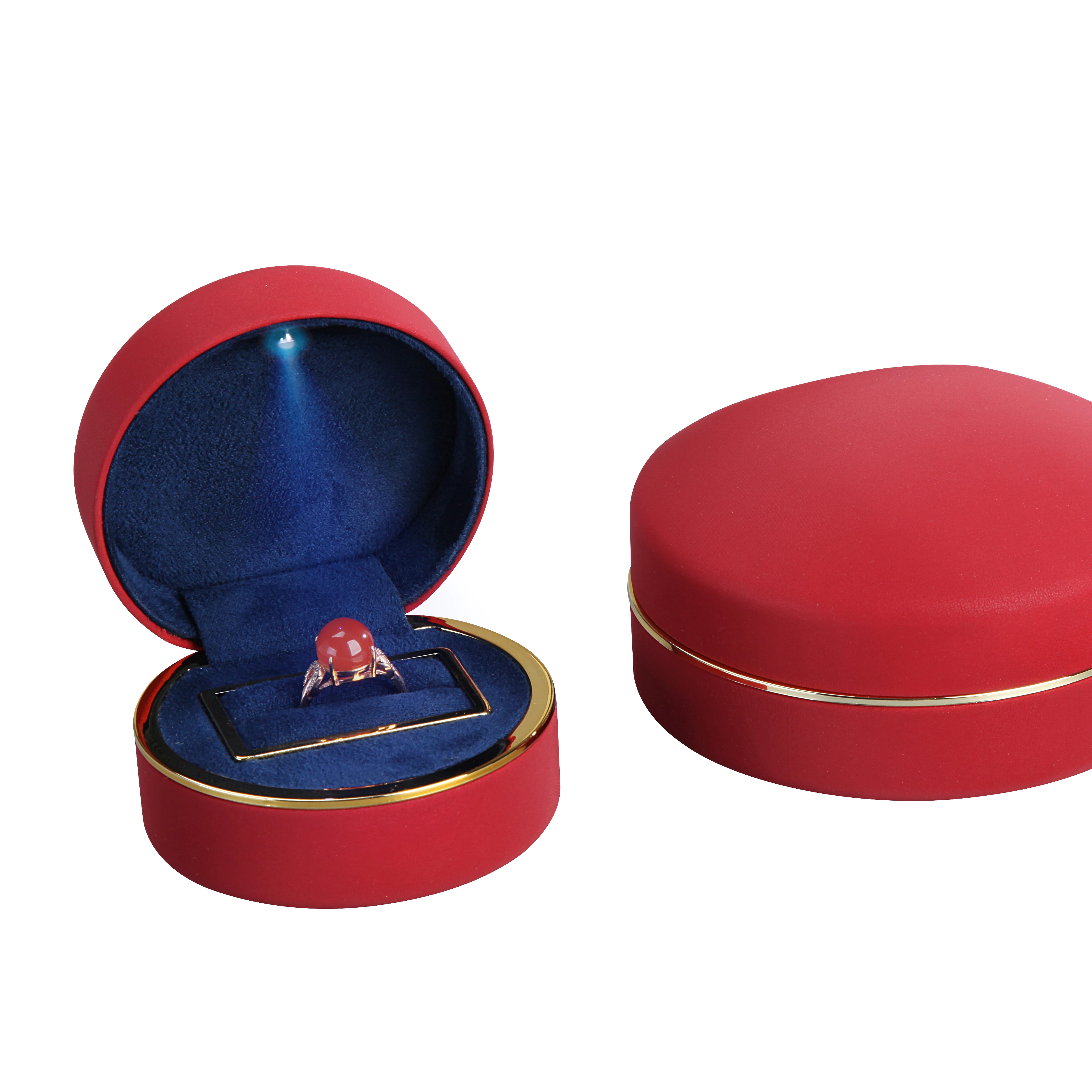 
Custom Logo Custom Color Round Small Pu Leather Ring pendant Christmas Gift Led Light Jewelry sets packaging box 