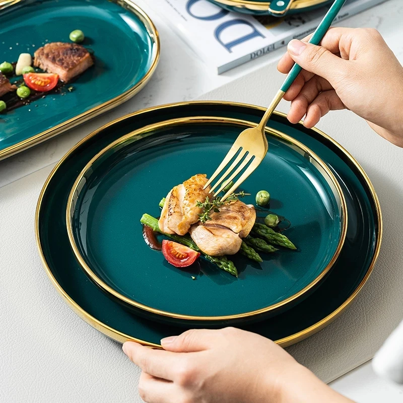 Ceramic Dinner Plates Dinnerware Set Dishes Luxury Green Food Salad Soup Bowl Plate And Bowls Set For Restaurant Hotel