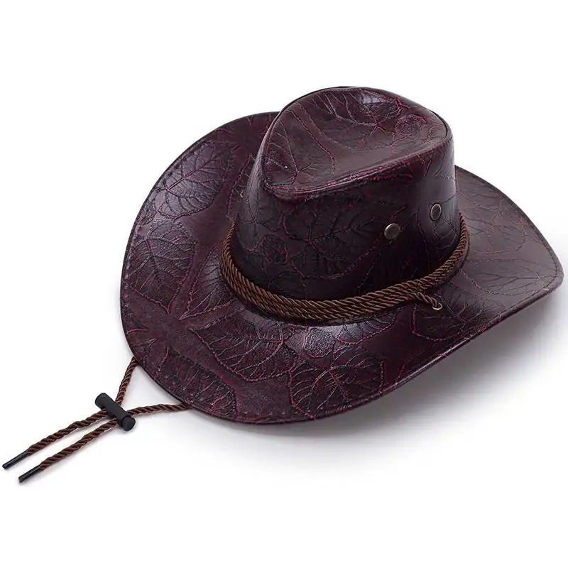Hot Sale Bulk Cowboy Hats Men Adult Leather Print Ranger Panama Black Cowboy Hat Men
