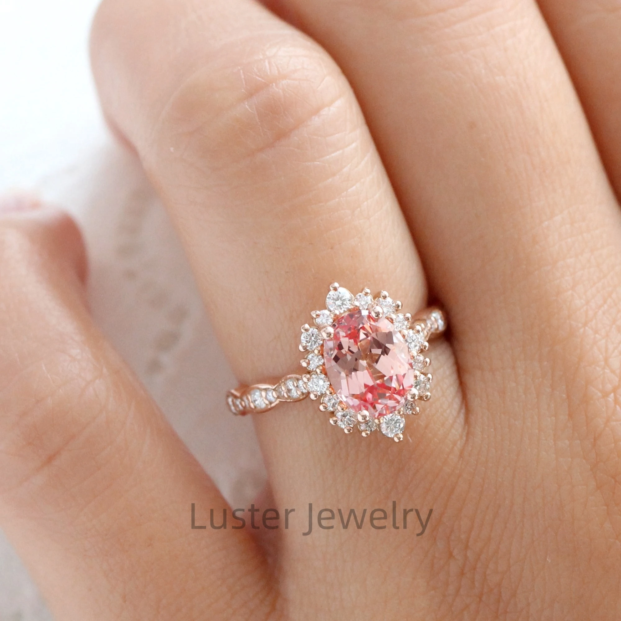 Luster Large Vintage Style 10K 14K 18K Gold Halo Moissanite Band 8x10mm Lab Grown Peach Pink Sapphire Ring for Woman