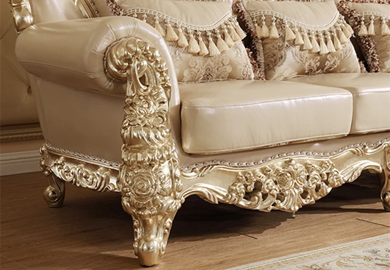 italy Gold color leather sofa solid wood 7 seat arabic living room sofas