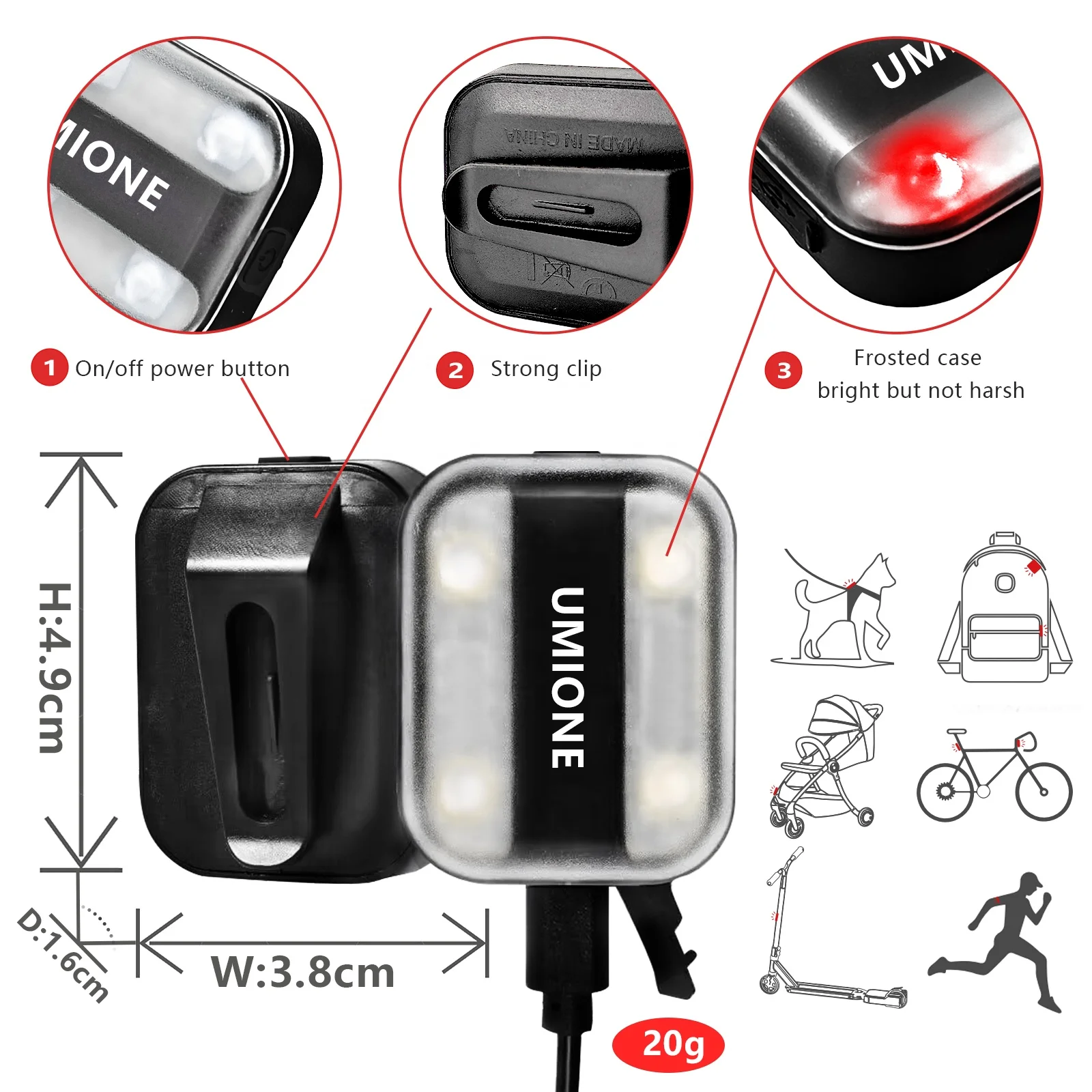 UMIONE Reflective USB Rechargeable LED Light Running Reflector Clip Light Outdoor Warning Light