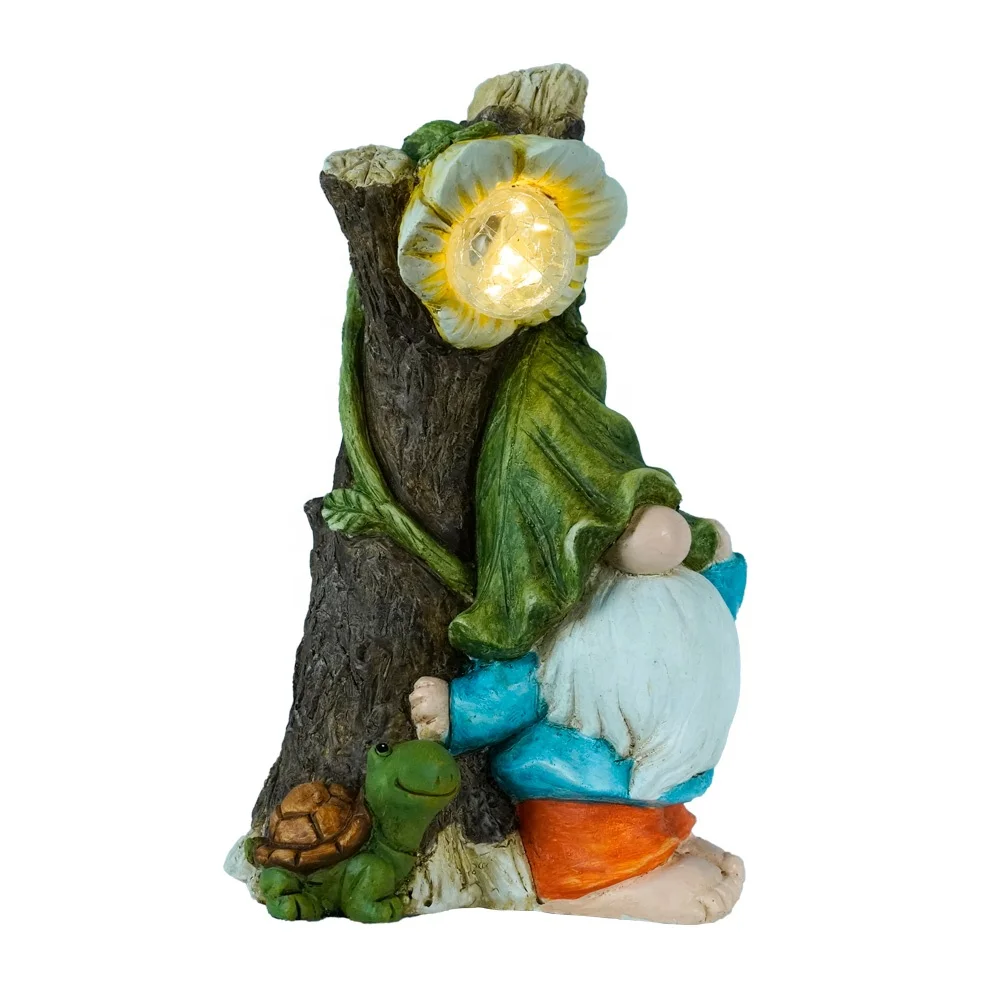 Garden Gnome Statue Solar Outdoor Gnome leaning on the tree trunk with Solar LED Lights Garden Figurines for Patio Yard Decor