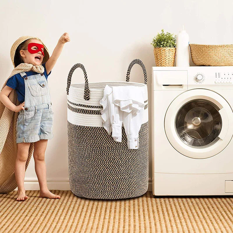 Large Cotton Rope Basket Woven Laundry Basket Blanket Toy Basket with Handle Storage Foldable Laundry Hamper