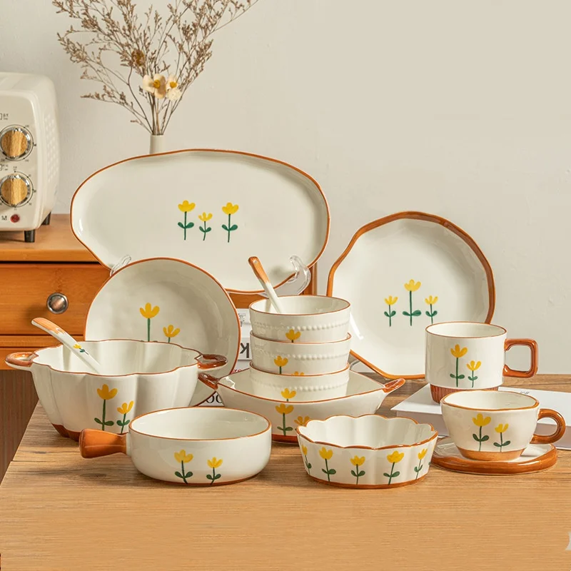 Dining room restaurant plates bowls cups saucers sets, Ins Hand Painted ceramic dinnerware set, Classic Flower design tableware