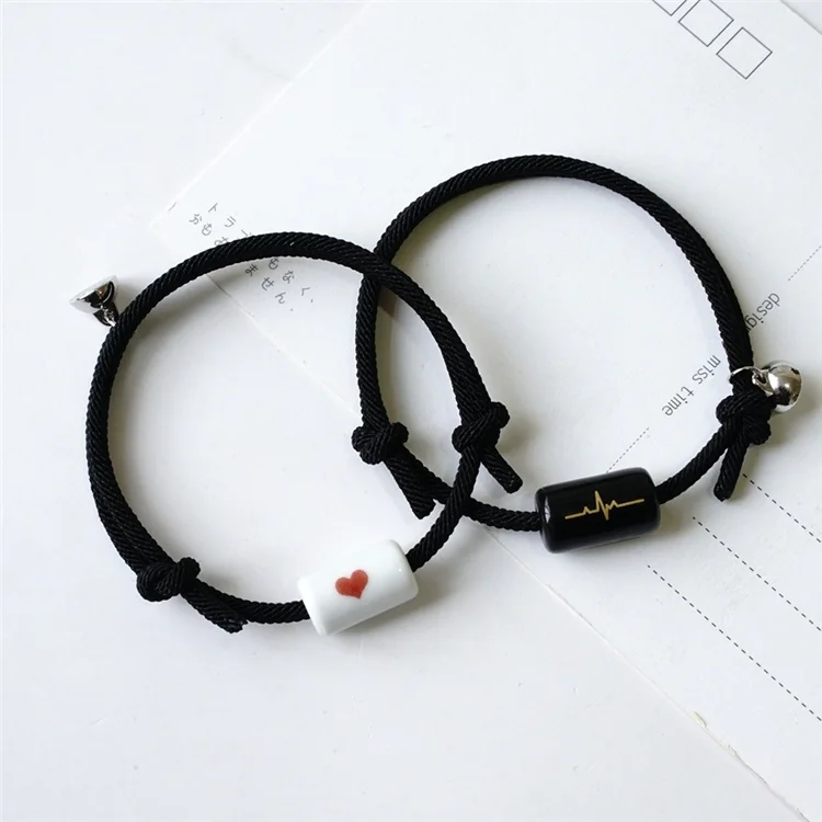 2021 New Milan Rope Ceramic Bead Your Heartbeat Red Heart Couple Bracelet A Pair Magnet Attracting Hand Rope Student Gift