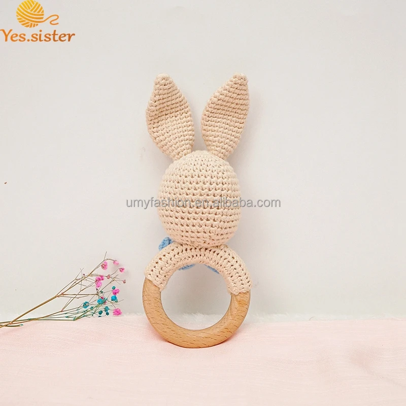 DIY Crochet Bunny Rattle Rabbit Baby Knitting Animal Toy New Mom Gift Crochet Baby Teething Ring