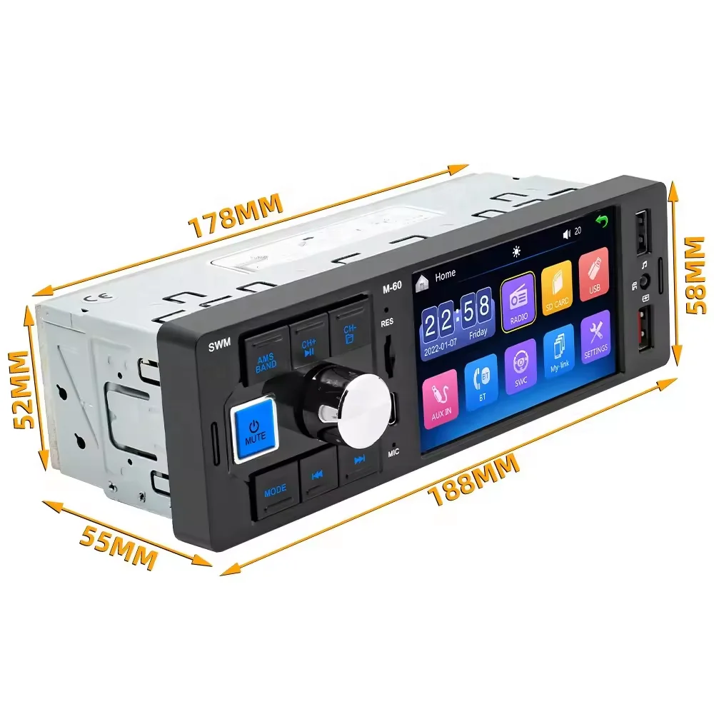 Model M-60 1DIN Auto Radio Car MP5 Player 4-Inch Touch Screen FM/AM Wave Band Dual Type C Bluetooth Hands-Free Reverse Camera