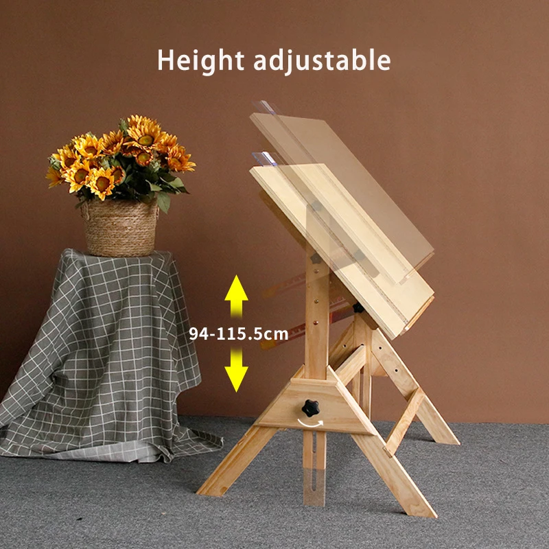 Solid Wood Drafting Table Artist Drawing Desk With Adjustable Height And Tiltable Tabletop For Artwork Graphic Design Reading