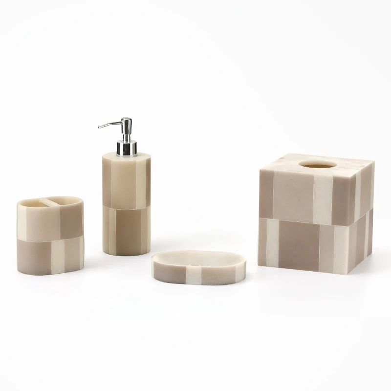 Custom Resin Bathroom Set Soap Dish Lotion Dispenser 4-Pieces Bathroom Accessories Set Beige Stripe Resin Bathroom Accessories
