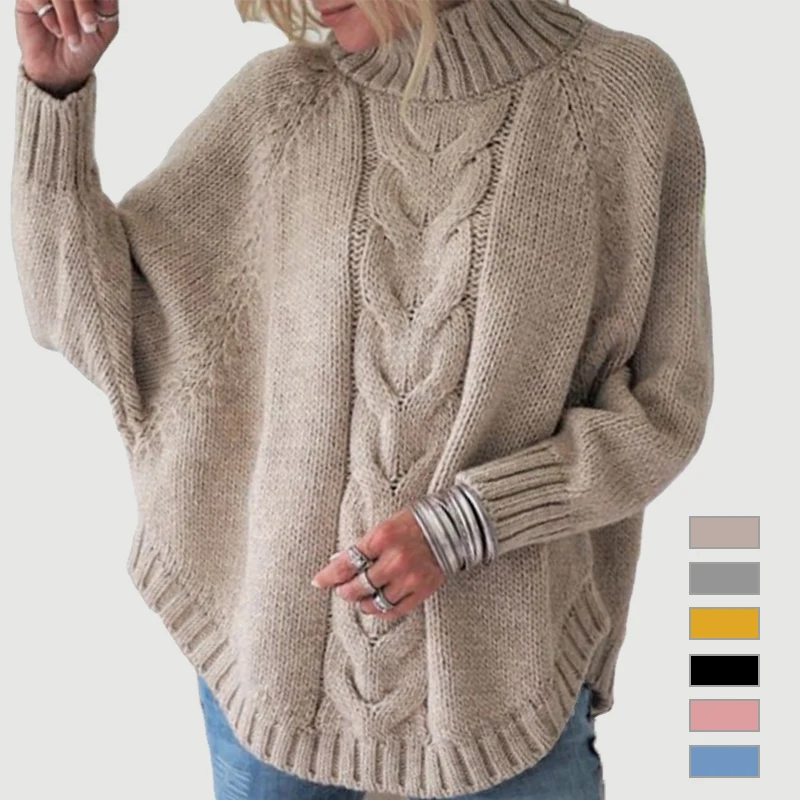 Осенне-зимний вязаный свитер с высоким воротником и рукавом летучая мышь, пальто, Дамская шаль, свитер, трикотажная одежда для женщин