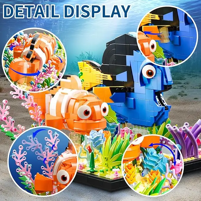 Sea World building block set, with Royal Blue Tang, clown fish, coral and aquatic plants, fish tank model suitable for all ages.