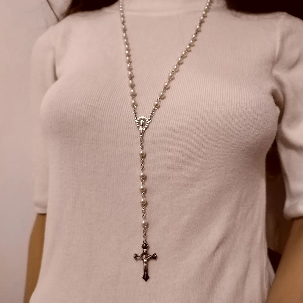 Pink and beige glass imitation pearl prayer beads Fatima cross necklace