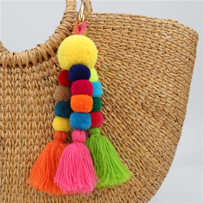 Bohemian Colorful Handmade Hairball Pompones Keyring For Women Girls Bag Boho Accessories Purse Charm Keychains Jewelry