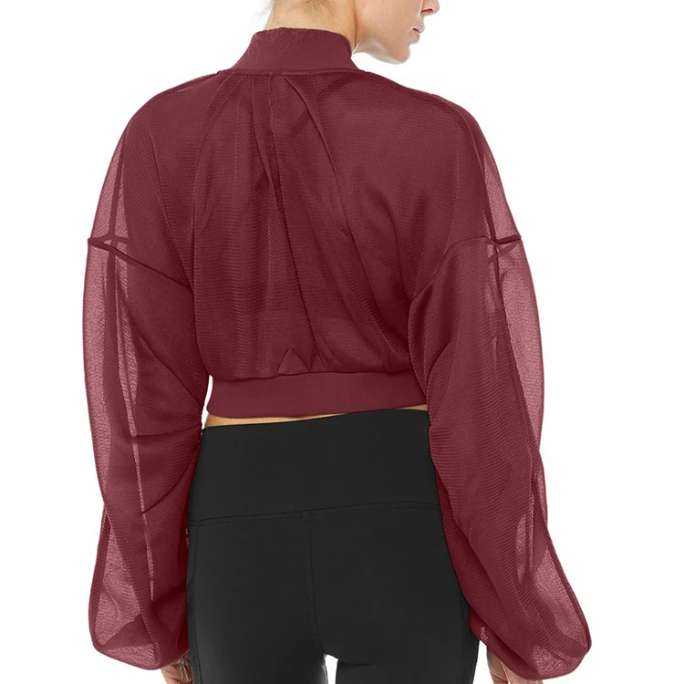 Hot summer Black gauze mesh long sleeve crop jacket  women fashion cropped sports jackets