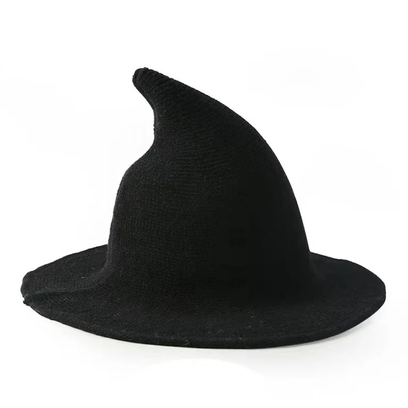 Custom fashion halloween personality wizard peaked hats foldable wool knitted witch women bucket fisherman hat
