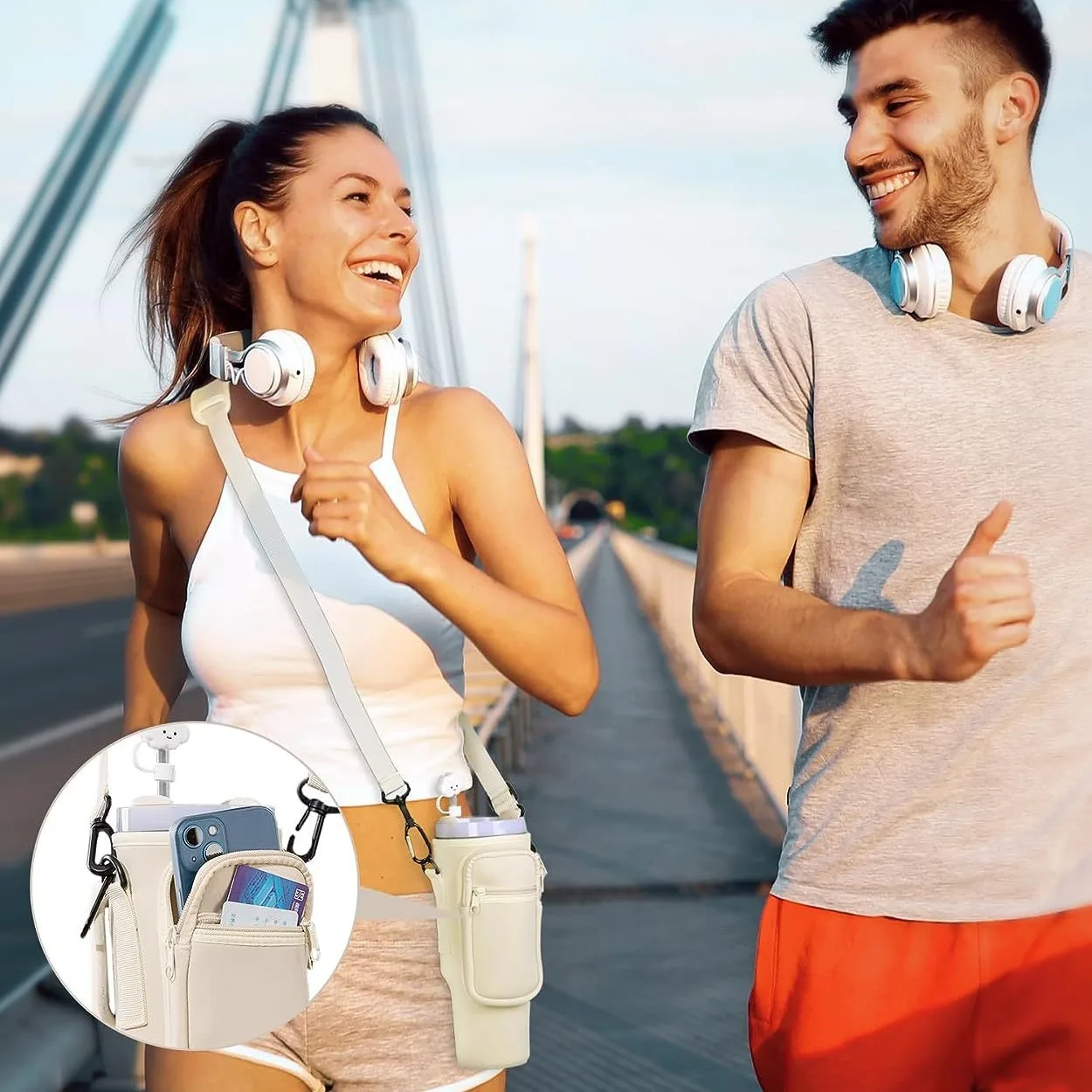 Manufacturer Custom Adjustable Strap Neoprene Water Bottle Carrier Sleeve Pouch Cup Holder Sling Bag With Zipper Phone Pocket