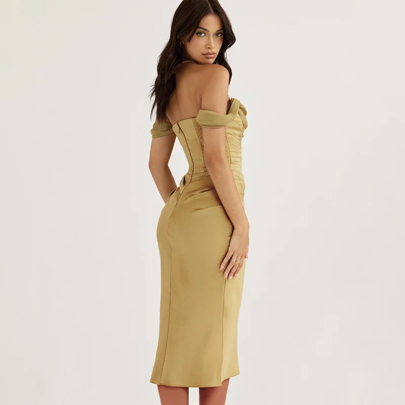 Sexy Off Shoulder Sleeveless Solid Satin Dress Sexy Backless Skinny Olive Mesh Bodycon Prom Dresses