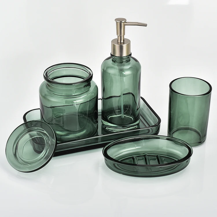 
Hotel Decorative High Quality Transparent Green Glass 5 Pieces Bathroom Accessories Set 